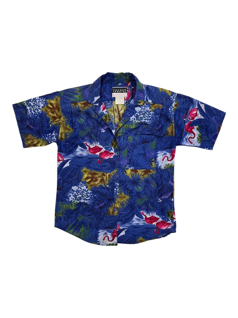 Vintage Sandra Ingrish Sport Blue Hawaiian Flamingo Shirt Size Small